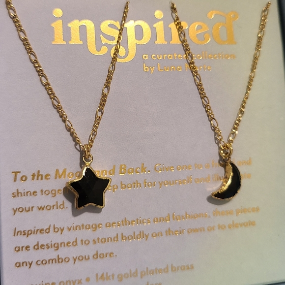 2 NECKLACES INSPIRED BY LUNA NORTE BLACK ONYX MOON & STAR14K GOLD PLATED - Picture 5 of 10
